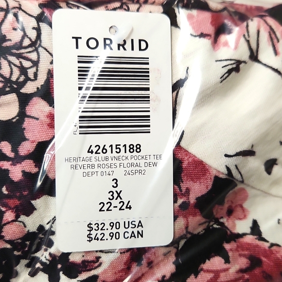 ❤️NWT VINTAGE TORRID TEE - FLORAL PRINT POCKET TEE V-NECK, SOFT COTTON SLUB - 3X - Picture 6 of 10